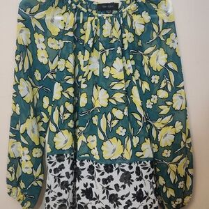 Karen Kane Teal and Lemon Floral Blouse